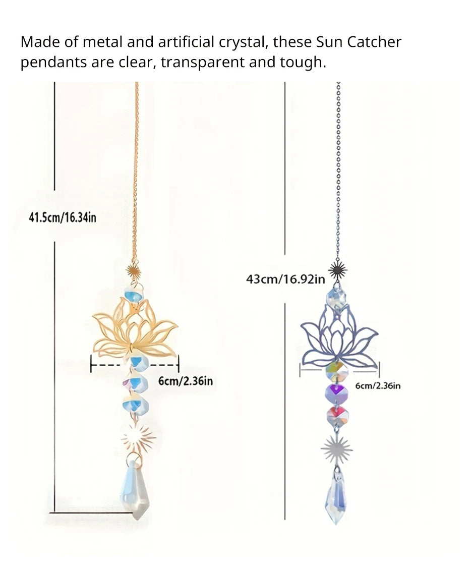 1PcMetalLotusandArtificial Crystal Suncatcher Charm Handmade Applicable Home Wind Chime Pendant Outdoor Garden Plant Decoration