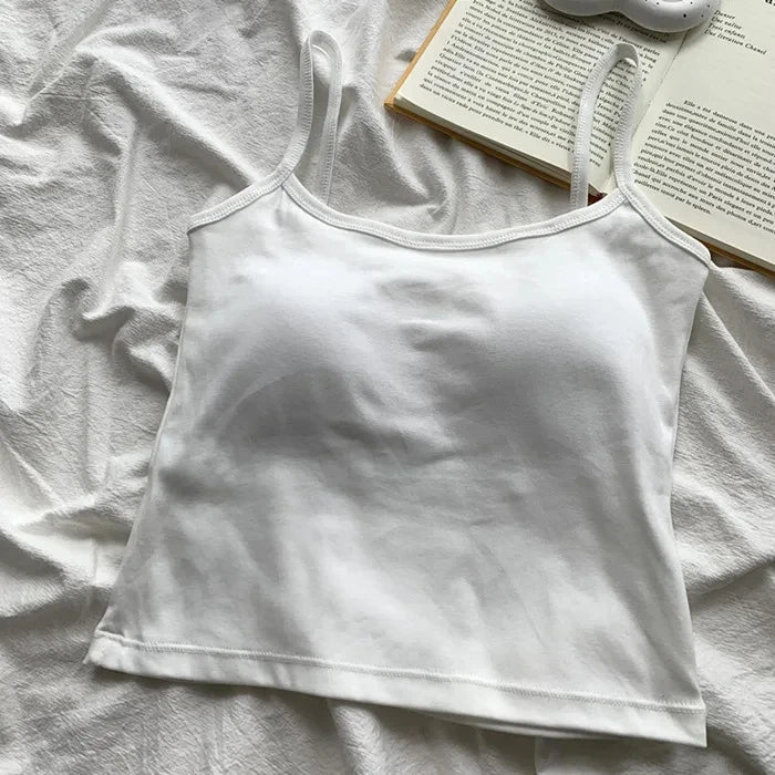 Women's Solid Color Spaghetti Straps Sleeveless Slim Camisole with Chest Pad Cotton Summer Wear Outside Female Short Tops Vests