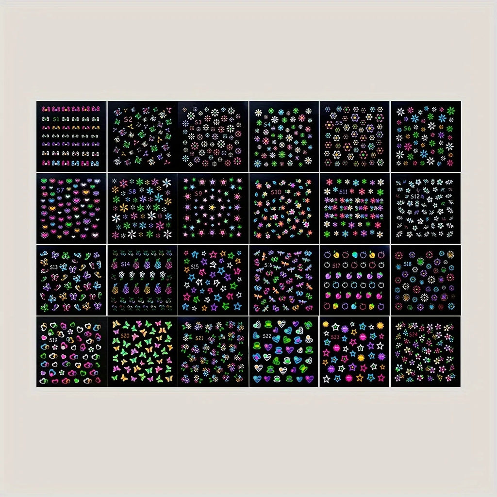 30 Sheets 3D Glow in The Dark Neon Nail Stickers - Glittery Glossy Self-Adhesive Nail Art Decorations with Butterfly, Love Heart