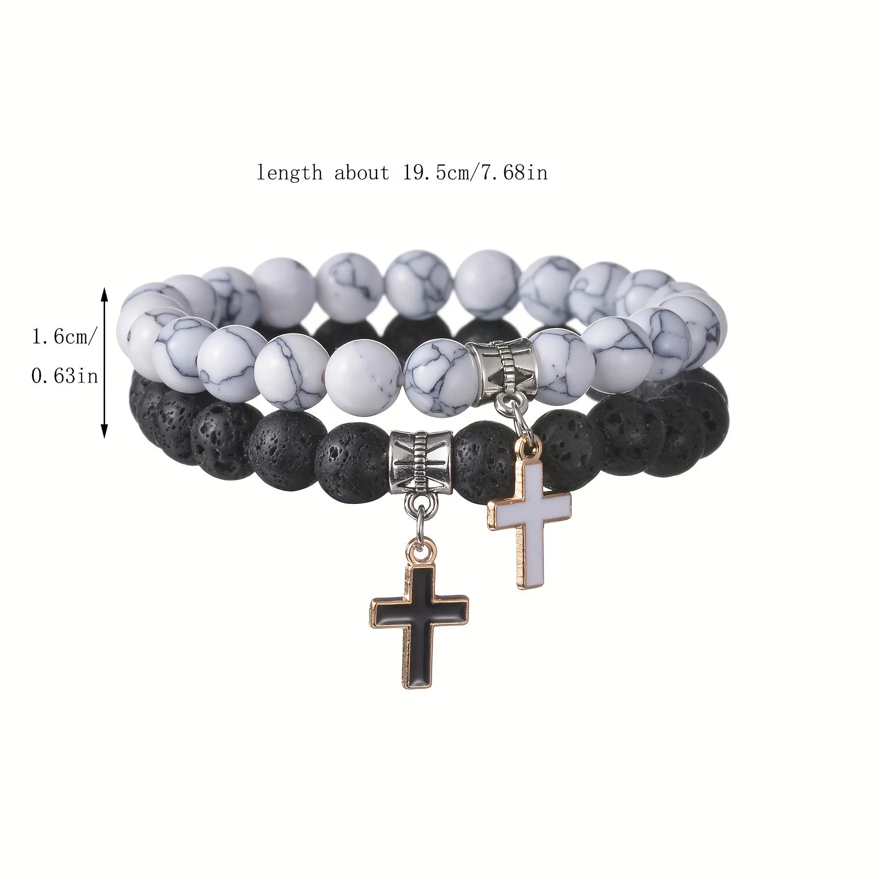2pcs Set Trendy Nature Stone Cross Beaded Bracelets For Men Vintage White Turquoise Volcanic Stone Men’s Beaded Bracelets Gifts
