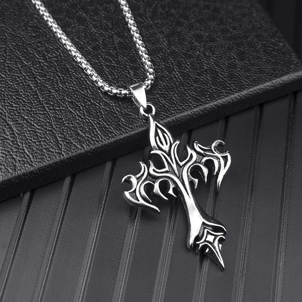 Fashion Vintage Flame Cross Pendant Necklace For Women Men Long Chain Punk Goth Trendy Accessories Choker Gothic Jewelry