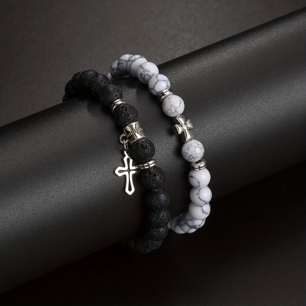 2pcs Set Trendy Nature Stone Cross Beaded Bracelets For Men Vintage White Turquoise Volcanic Stone Men’s Beaded Bracelets Gifts