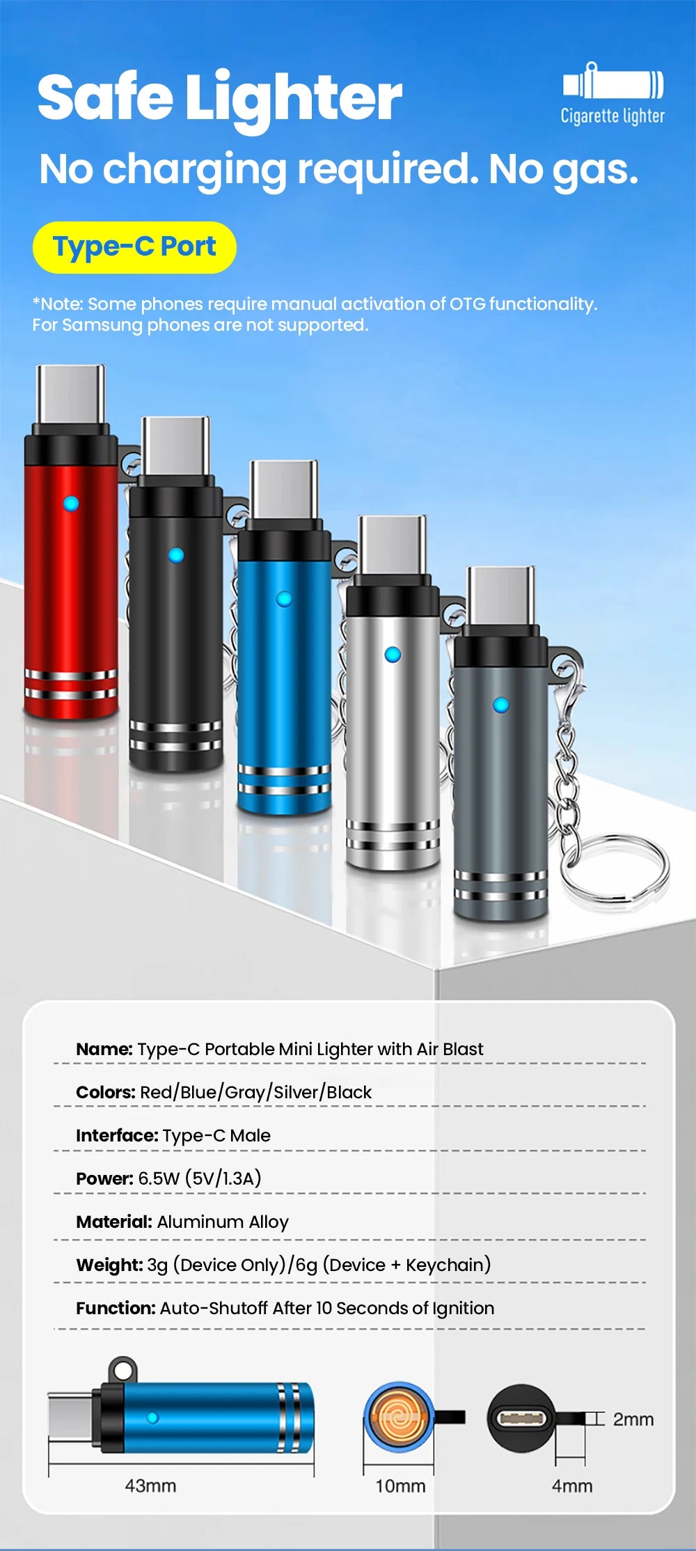 Mini Type C Mobile Phone Cigarette Lighter Air Blowing Cigarette Lighter Outdoor Safety USB C Lighter Adapter For iPhone 17 Pro