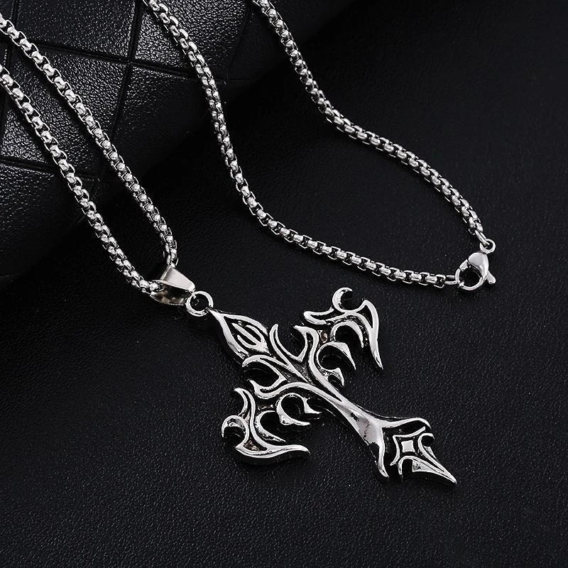 Fashion Vintage Flame Cross Pendant Necklace For Women Men Long Chain Punk Goth Trendy Accessories Choker Gothic Jewelry