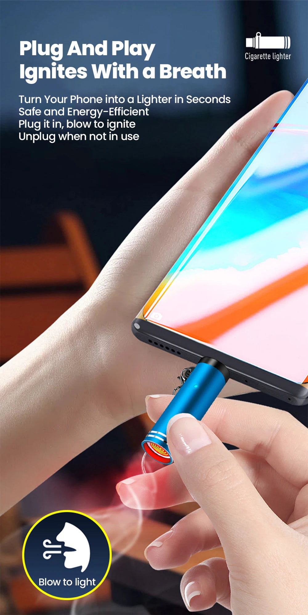 Mini Type C Mobile Phone Cigarette Lighter Air Blowing Cigarette Lighter Outdoor Safety USB C Lighter Adapter For iPhone 17 Pro