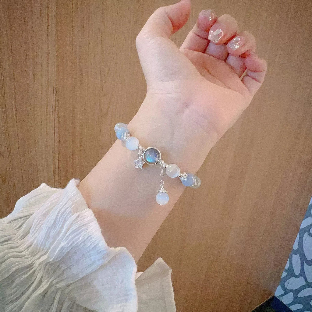 Unique Dreamy Blue Moonstone Cat Eye Pendant Crystal Bead Bracelet Party Jewelry Gift For Women