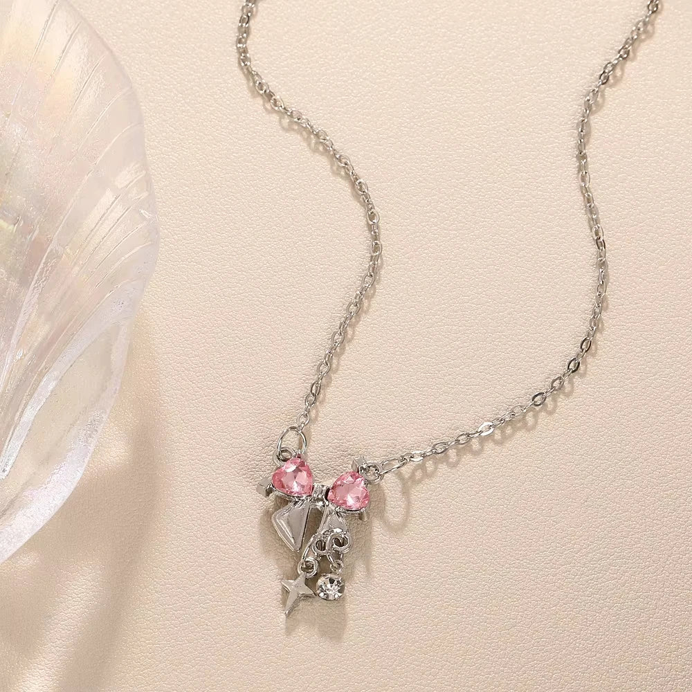 Sweet Pink Bow Pendant Necklaces Ladies Girls Sparkling Rhinestone Clavicle Chain Delicate Wedding Daily Dating Accesories K