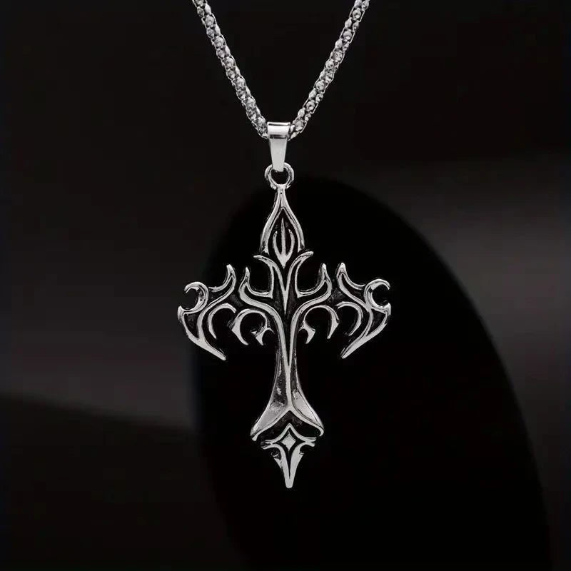 Fashion Vintage Flame Cross Pendant Necklace For Women Men Long Chain Punk Goth Trendy Accessories Choker Gothic Jewelry