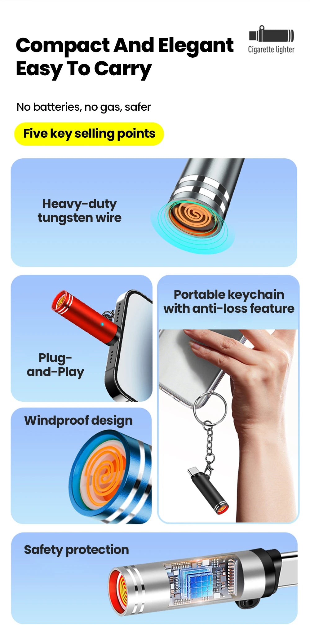 Mini Type C Mobile Phone Cigarette Lighter Air Blowing Cigarette Lighter Outdoor Safety USB C Lighter Adapter For iPhone 17 Pro