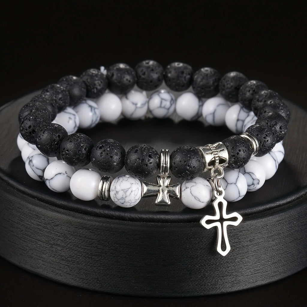2pcs Set Trendy Nature Stone Cross Beaded Bracelets For Men Vintage White Turquoise Volcanic Stone Men’s Beaded Bracelets Gifts