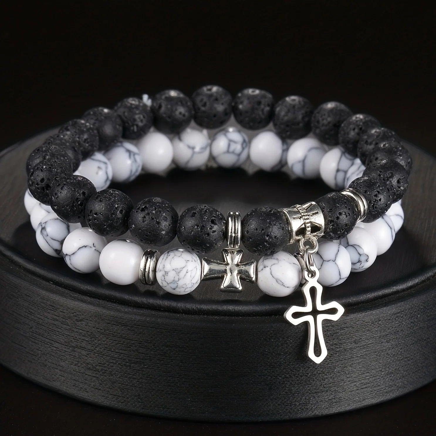 2pcs Set Trendy Nature Stone Cross Beaded Bracelets For Men Vintage White Turquoise Volcanic Stone Men’s Beaded Bracelets Gifts