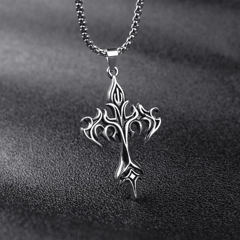 Fashion Vintage Flame Cross Pendant Necklace For Women Men Long Chain Punk Goth Trendy Accessories Choker Gothic Jewelry