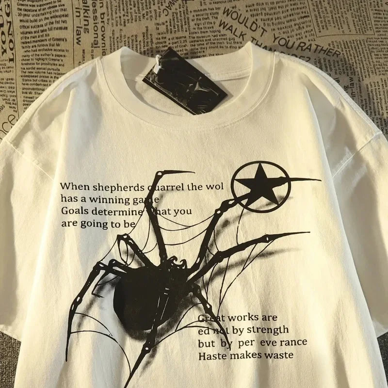 Y2K Korean Streetwear Spider Graphic Acubi Harajuku Egirl Grunge Aesthetic Round Neck Trendy Short sleeved Top Women's Clothing