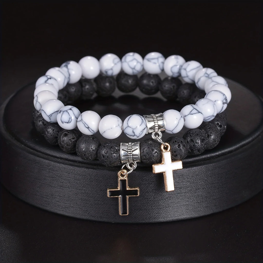 2pcs Set Trendy Nature Stone Cross Beaded Bracelets For Men Vintage White Turquoise Volcanic Stone Men’s Beaded Bracelets Gifts