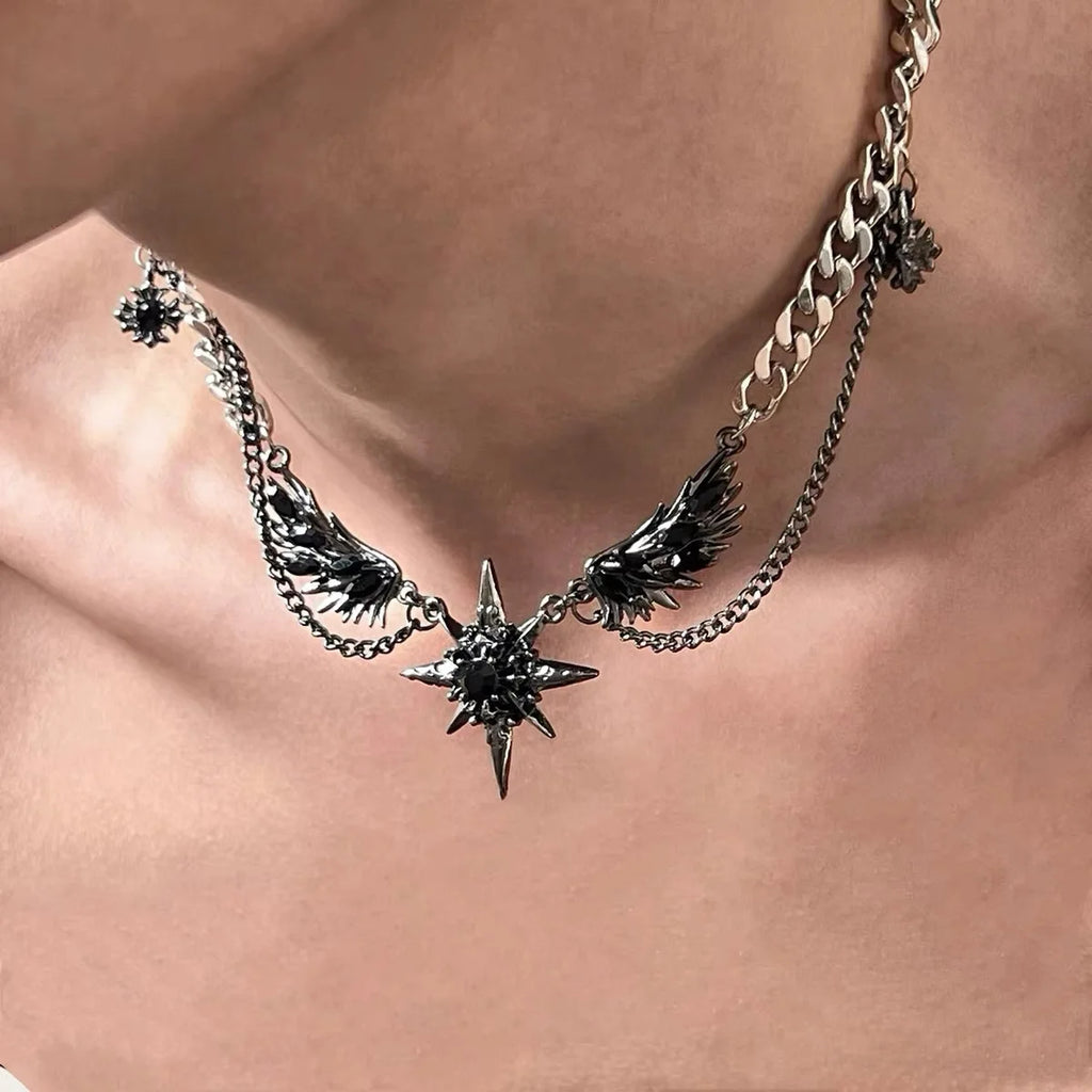 Men's stainless steel necklace, synthetic zircon, popular street style neck chain, exquisite wing design, give to boyfriend