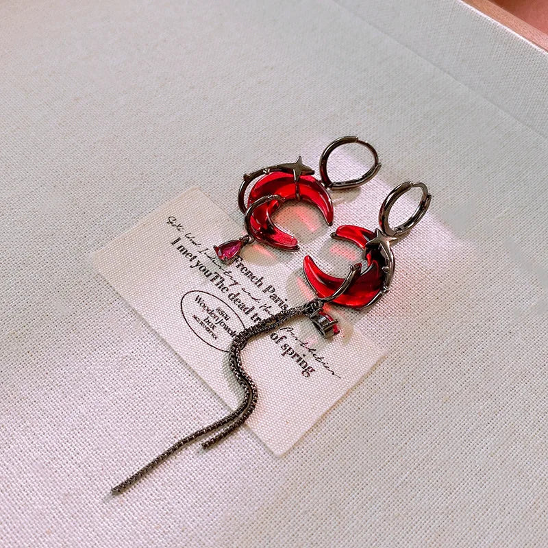 Asymmetry Red Moon Rose Earrings for Women European American Style Personality Crystal Drop Pendant Earrings Jewelry