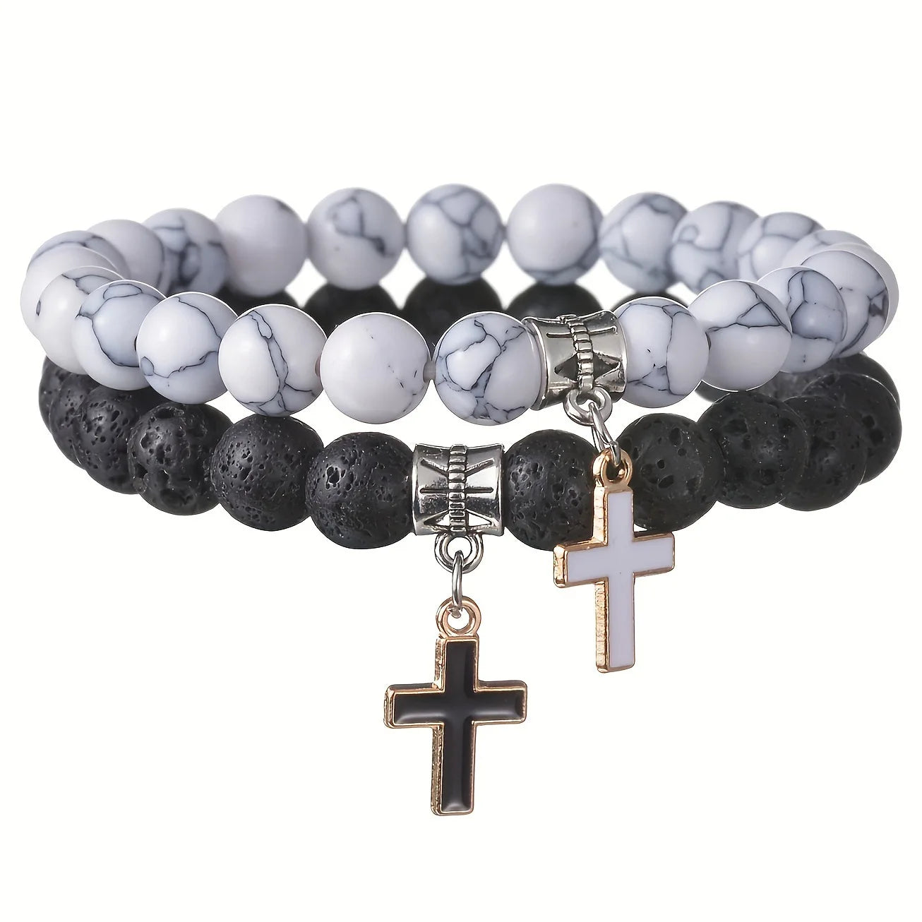 2pcs Set Trendy Nature Stone Cross Beaded Bracelets For Men Vintage White Turquoise Volcanic Stone Men’s Beaded Bracelets Gifts
