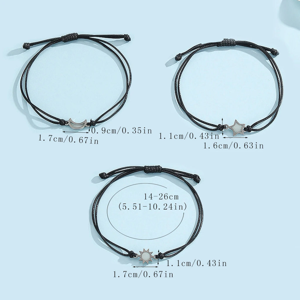 3 pieces/set of stainless steel luminous Sun Moon Star bracelet hand-woven fashion rope