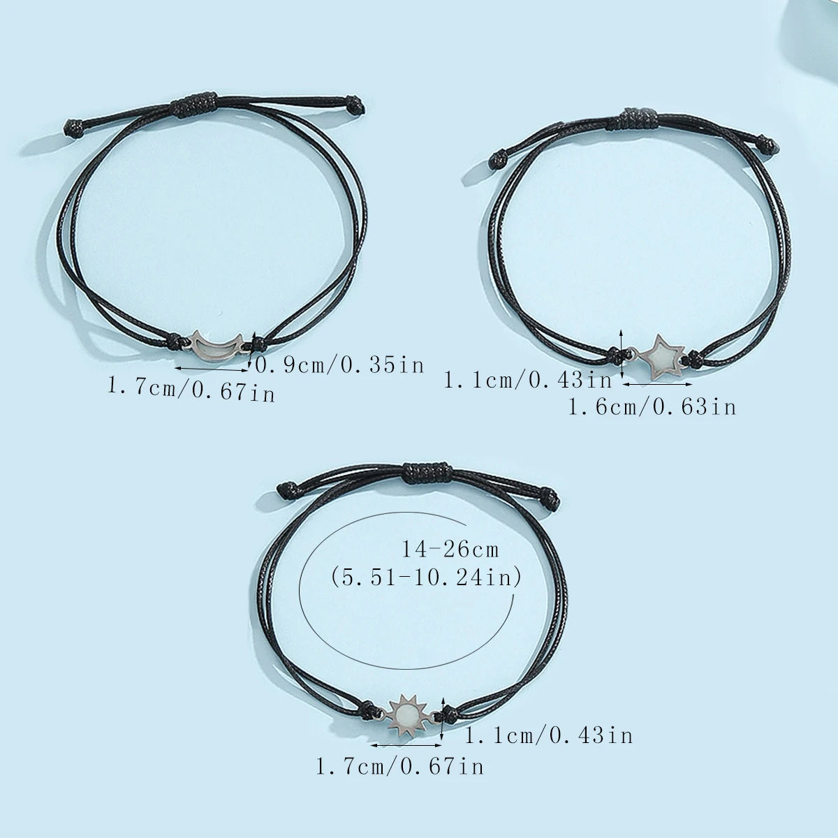 3 pieces/set of stainless steel luminous Sun Moon Star bracelet hand-woven fashion rope