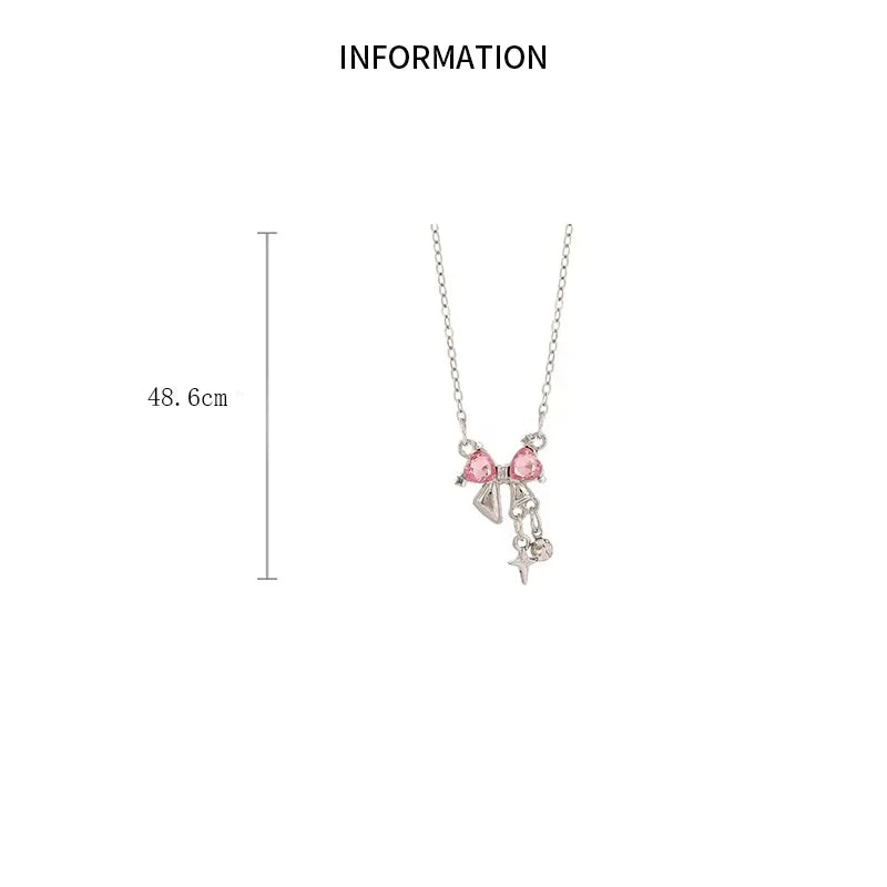 Sweet Pink Bow Pendant Necklaces Ladies Girls Sparkling Rhinestone Clavicle Chain Delicate Wedding Daily Dating Accesories K