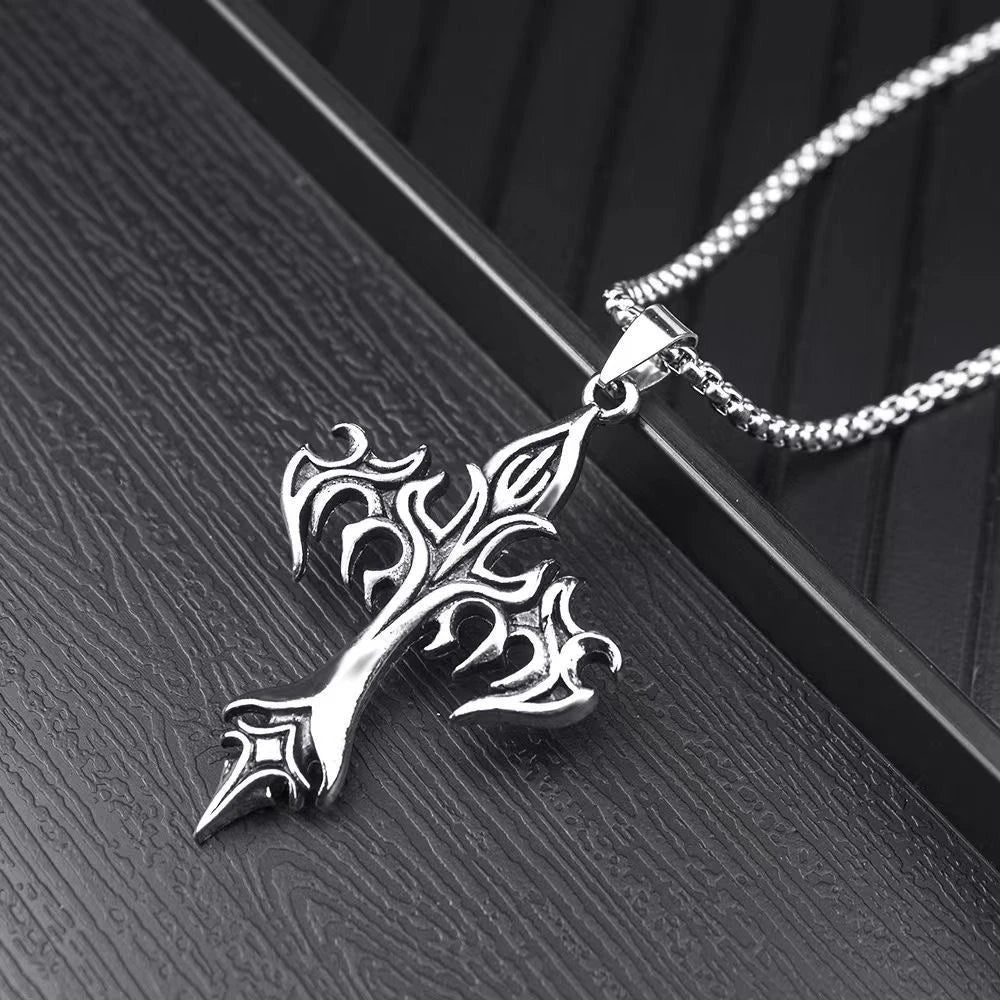 Fashion Vintage Flame Cross Pendant Necklace For Women Men Long Chain Punk Goth Trendy Accessories Choker Gothic Jewelry