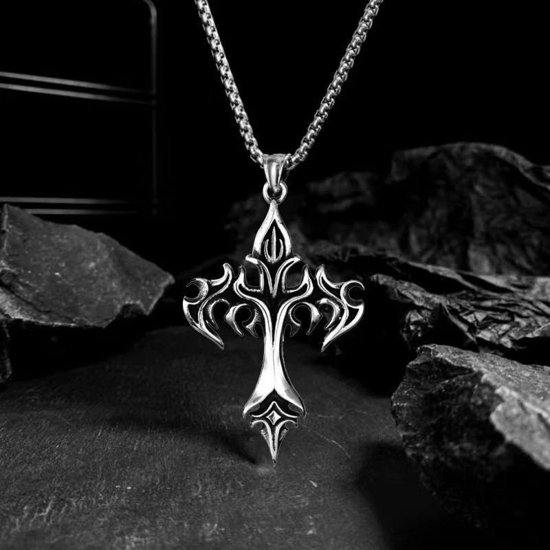 Fashion Vintage Flame Cross Pendant Necklace For Women Men Long Chain Punk Goth Trendy Accessories Choker Gothic Jewelry