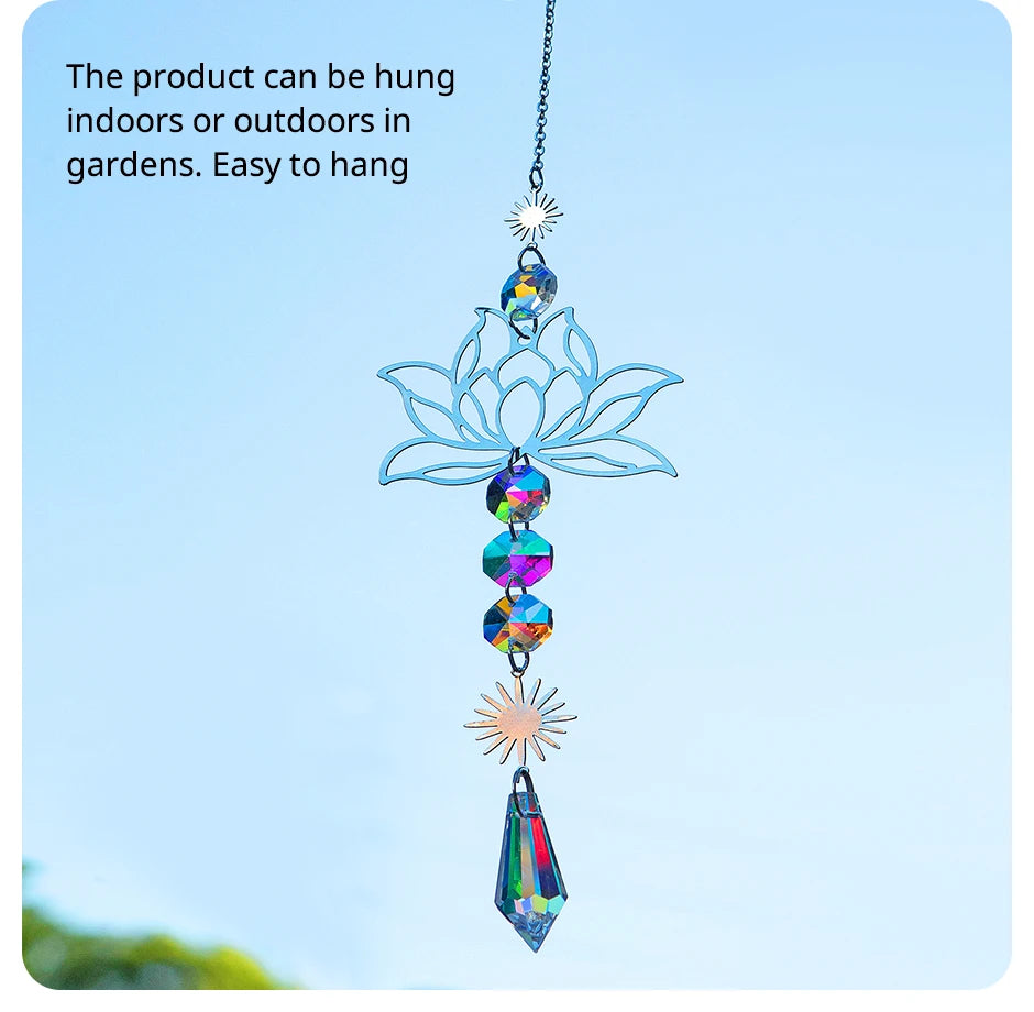 1PcMetalLotusandArtificial Crystal Suncatcher Charm Handmade Applicable Home Wind Chime Pendant Outdoor Garden Plant Decoration