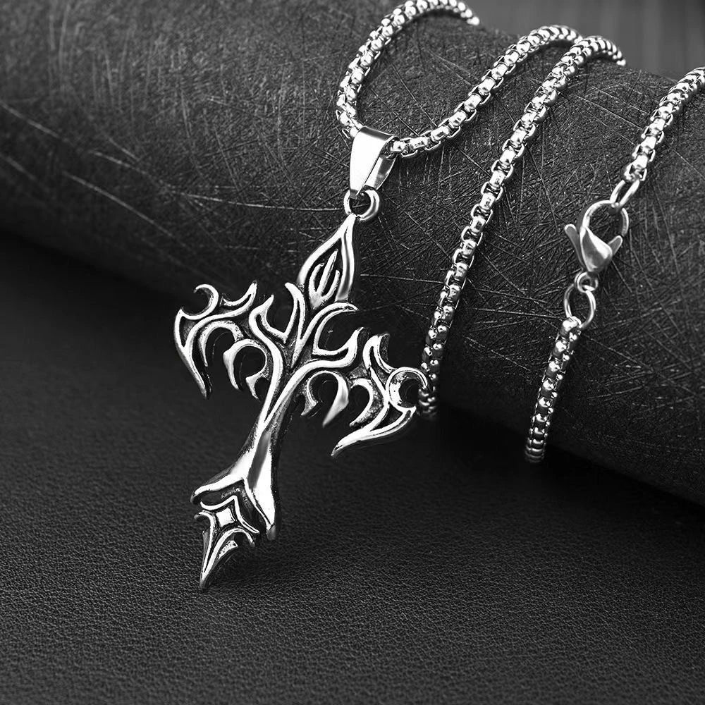 Fashion Vintage Flame Cross Pendant Necklace For Women Men Long Chain Punk Goth Trendy Accessories Choker Gothic Jewelry