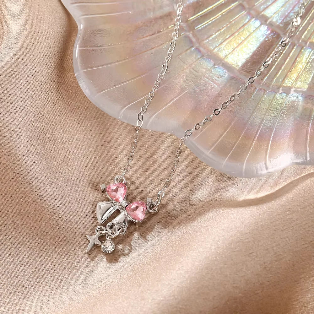 Sweet Pink Bow Pendant Necklaces Ladies Girls Sparkling Rhinestone Clavicle Chain Delicate Wedding Daily Dating Accesories K