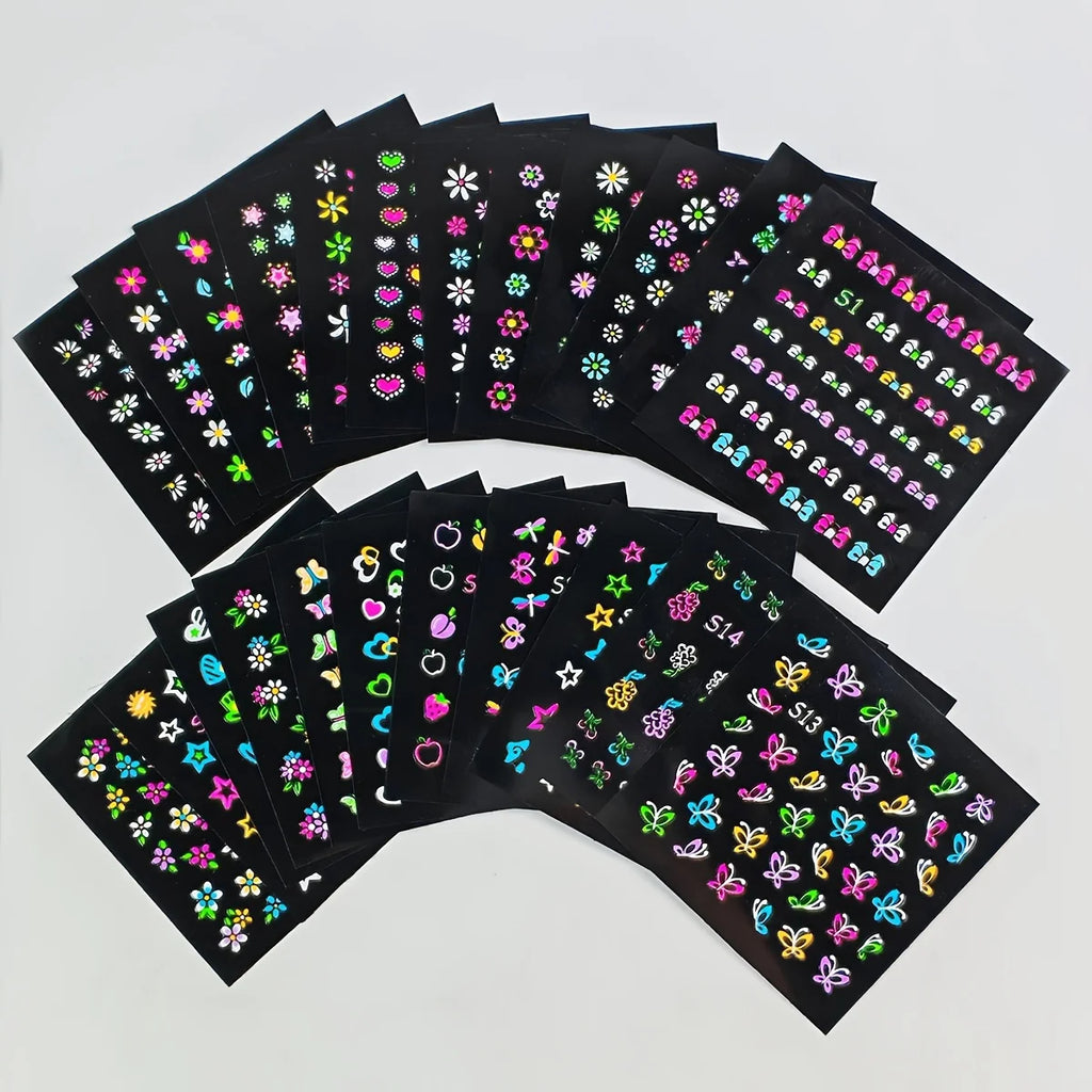 30 Sheets 3D Glow in The Dark Neon Nail Stickers - Glittery Glossy Self-Adhesive Nail Art Decorations with Butterfly, Love Heart