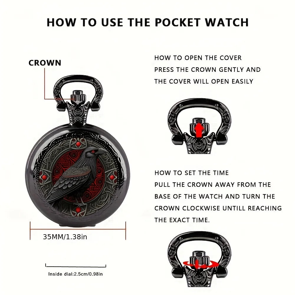 Gothic Design Black Raven Pocket Watch With Necklace Alloy Case & Band,Quartz Movement, Non-Waterproof Watch for Men Women Kids