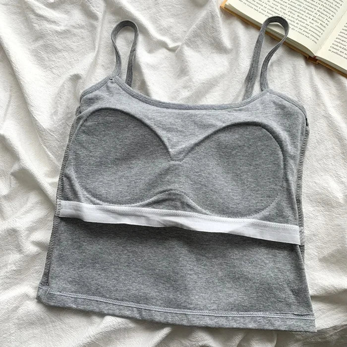 Women's Solid Color Spaghetti Straps Sleeveless Slim Camisole with Chest Pad Cotton Summer Wear Outside Female Short Tops Vests
