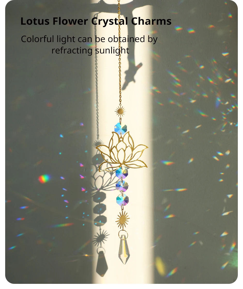 1PcMetalLotusandArtificial Crystal Suncatcher Charm Handmade Applicable Home Wind Chime Pendant Outdoor Garden Plant Decoration