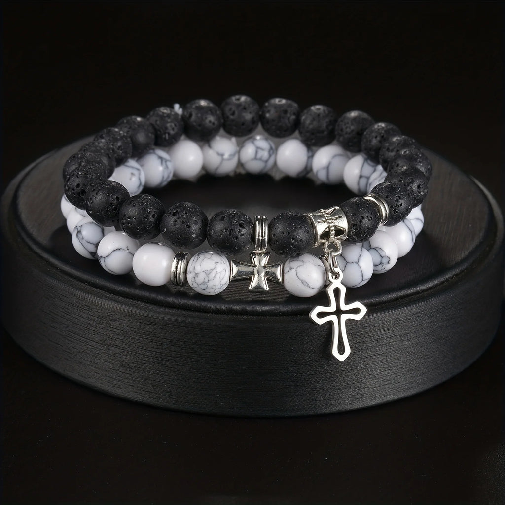 2pcs Set Trendy Nature Stone Cross Beaded Bracelets For Men Vintage White Turquoise Volcanic Stone Men’s Beaded Bracelets Gifts