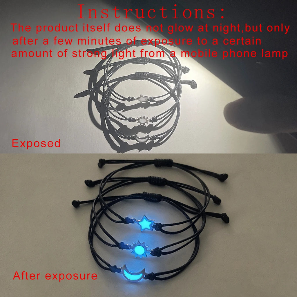 3 pieces/set of stainless steel luminous Sun Moon Star bracelet hand-woven fashion rope